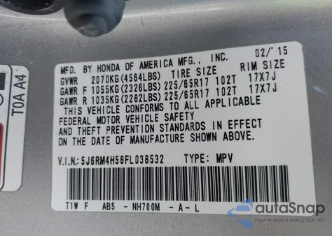 2015 Honda Cr-V Ex z USA, uszkodzony, nr VIN 5J6RM4H56FL038532